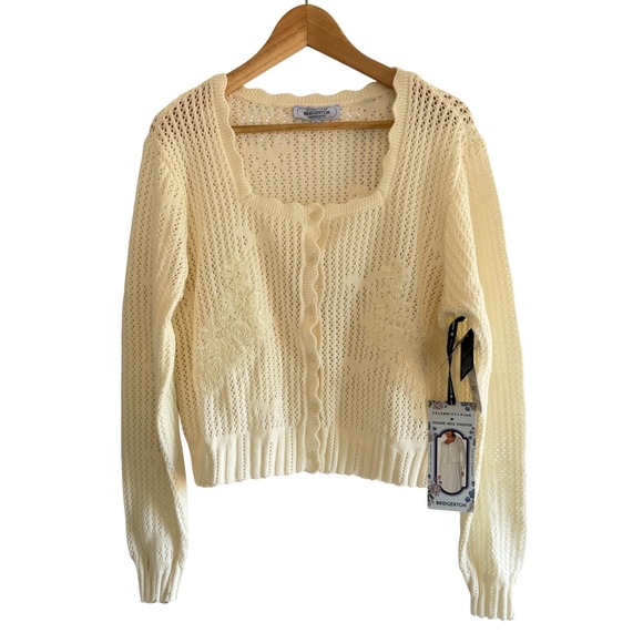 Celebrity Pink Sweaters - Celebrity Pink Bridgerton Square Neck Cardigan Cream Lace Pointelle Sweater L